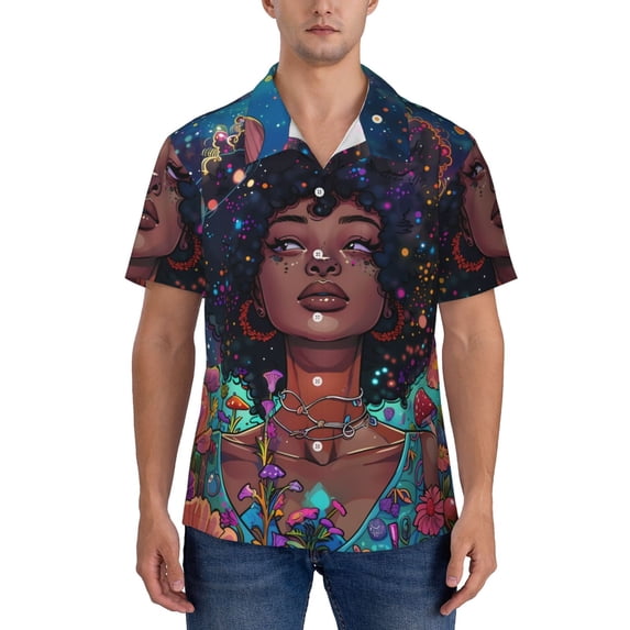KLL Men's Hawaiian Shirt Short Sleeve Button Down Beach Shirts-Cosmic Garden Woman Portrait