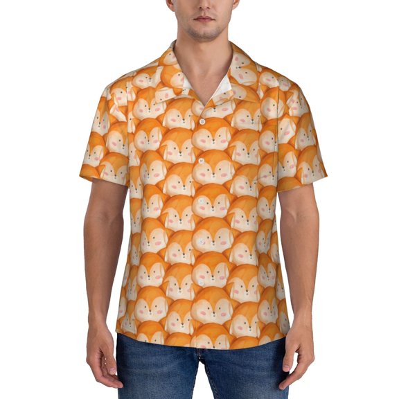 KLL Men's Hawaiian Shirt Short Sleeve Button Down Beach Shirts-Cute Fox Faces Pattern