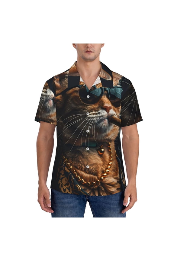 Men's Hawaiian Shirt Short Sleeve Button Down Beach Shirts-Dapper Cat in Sunglasses
