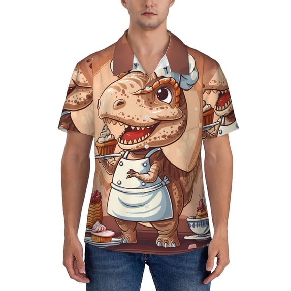 KLL Men's Hawaiian Shirt Short Sleeve Button Down Beach Shirts-Dinosaur Baking Delight
