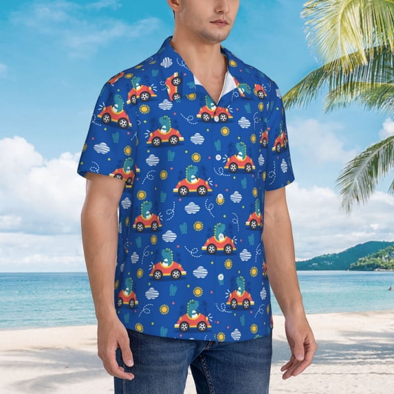KLL Men's Hawaiian Shirt Short Sleeve Button Down Beach Shirts-Dinosaur Driving