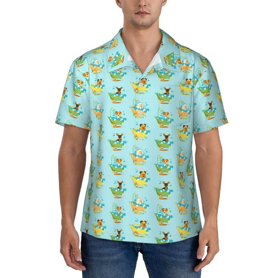 KLL Men's Hawaiian Shirt Short Sleeve Button Down Beach Shirts-Doggy In Bubble Bath