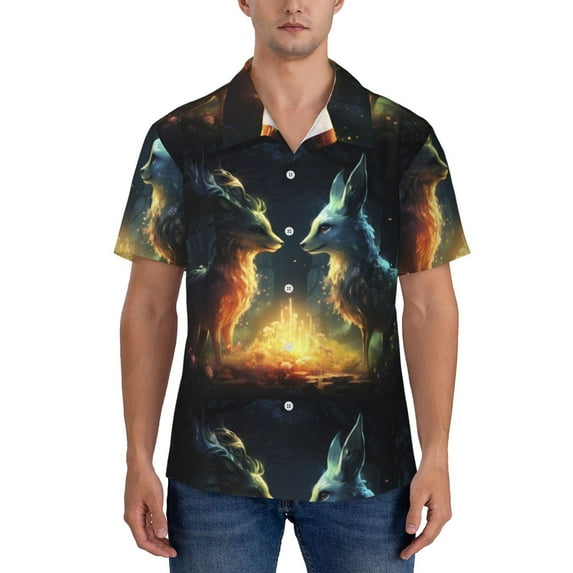 KLL Men's Hawaiian Shirt Short Sleeve Button Down Beach Shirts-Firefly Forest Fox