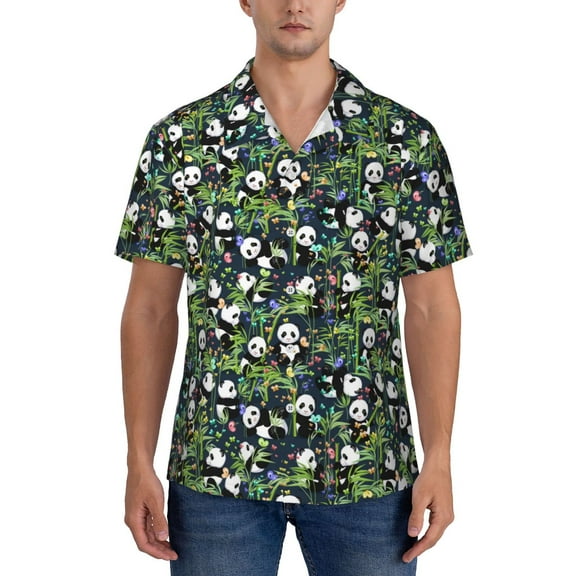 KLL Men's Hawaiian Shirt Short Sleeve Button Down Beach Shirts-Fun Panda Playing With Bamboo Leaves