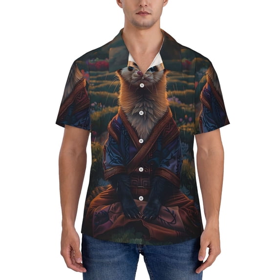 KLL Men's Hawaiian Shirt Short Sleeve Button Down Beach Shirts-Garden Meditating Weasel