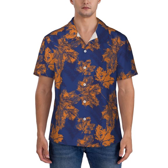 KLL Men's Hawaiian Shirt Short Sleeve Button Down Beach Shirts-Golden Maple on Navy Blue