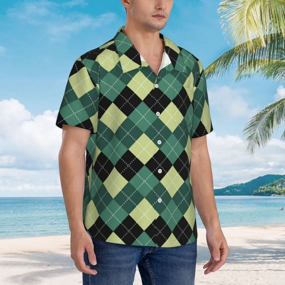 KLL Men's Hawaiian Shirt Short Sleeve Button Down Beach Shirts-Green Squares