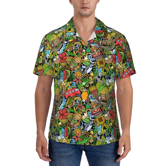 KLL Men's Hawaiian Shirt Short Sleeve Button Down Beach Shirts-Hawaiian Culture Symbols 1