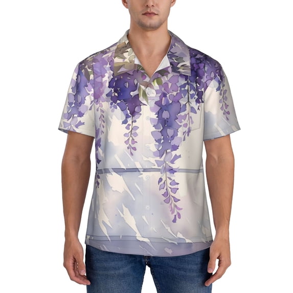 KLL Men's Hawaiian Shirt Short Sleeve Button Down Beach Shirts-Lavender Blooms Window