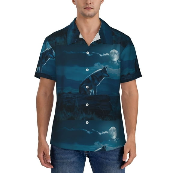 KLL Men's Hawaiian Shirt Short Sleeve Button Down Beach Shirts-Lonely Night Wolf