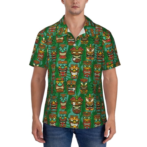 KLL Men's Hawaiian Shirt Short Sleeve Button Down Beach Shirts-Mask And Palm Leaves