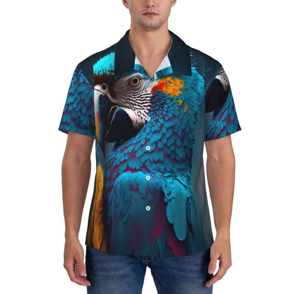 KLL Men's Hawaiian Shirt Short Sleeve Button Down Beach Shirts-Modern Style Blue Parrot