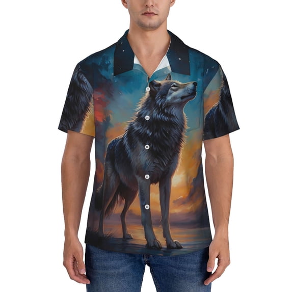 KLL Men's Hawaiian Shirt Short Sleeve Button Down Beach Shirts-Moonlit Night Sky Wolf