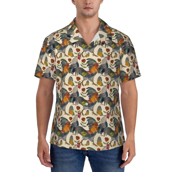 KLL Men's Hawaiian Shirt Short Sleeve Button Down Beach Shirts-Multi-Colored Roosters