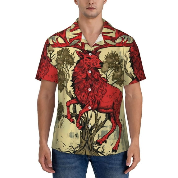 KLL Men's Hawaiian Shirt Short Sleeve Button Down Beach Shirts-Mythical Red Stag Illustration