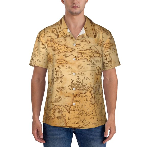KLL Men's Hawaiian Shirt Short Sleeve Button Down Beach Shirts-Old Vintage Map Of Sea