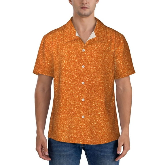 KLL Men's Hawaiian Shirt Short Sleeve Button Down Beach Shirts-Orange Glitter