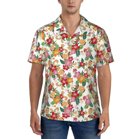 KLL Men's Hawaiian Shirt Short Sleeve Button Down Beach Shirts-Pineapple Flower