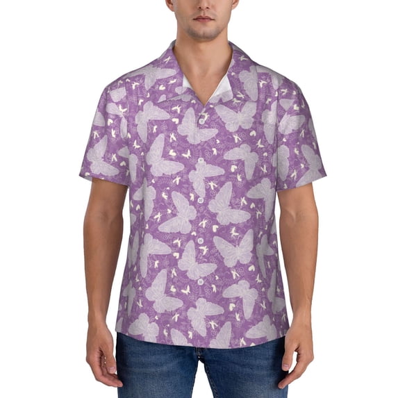 KLL Men's Hawaiian Shirt Short Sleeve Button Down Beach Shirts-Purple Butterflies Floral