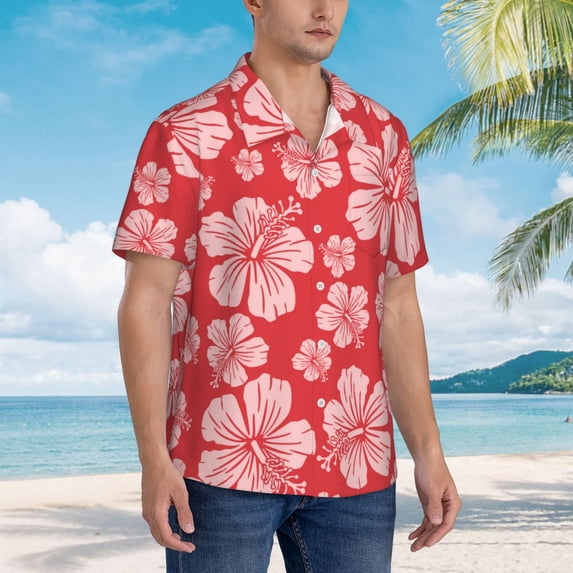 KLL Men's Hawaiian Shirt Short Sleeve Button Down Beach Shirts-Red Hibiscus Flower