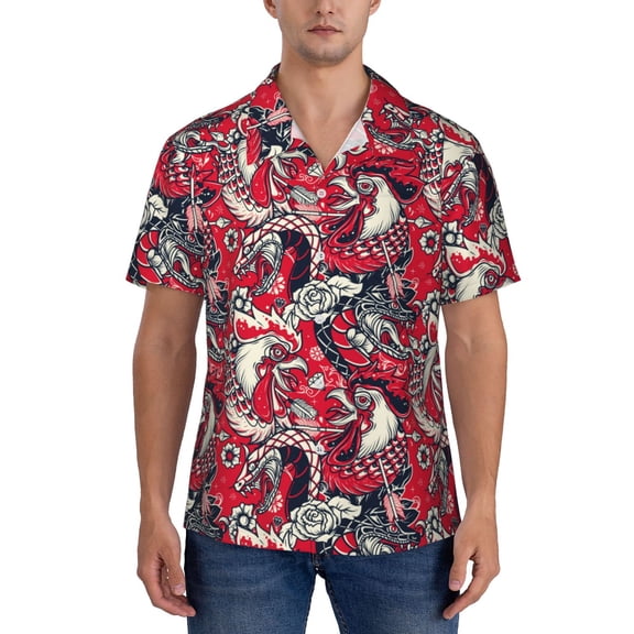 KLL Men's Hawaiian Shirt Short Sleeve Button Down Beach Shirts-Rooster Head