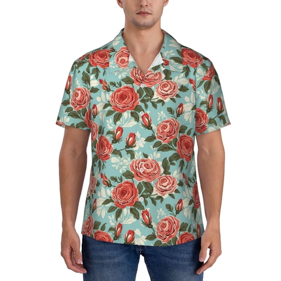 KLL Men's Hawaiian Shirt Short Sleeve Button Down Beach Shirts-Rose Flowers