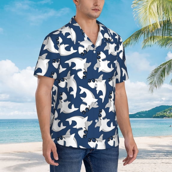 KLL Men's Hawaiian Shirt Short Sleeve Button Down Beach Shirts-Shark