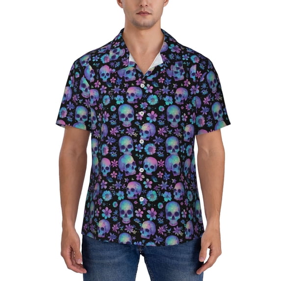 KLL Men's Hawaiian Shirt Short Sleeve Button Down Beach Shirts-Skull Flower Blue