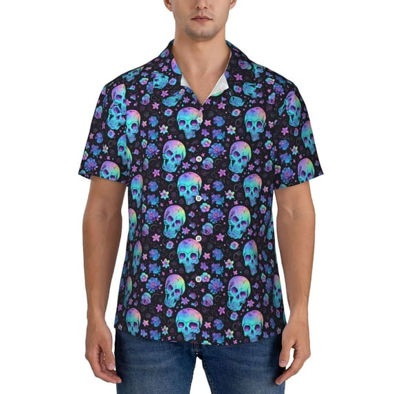 KLL Men's Hawaiian Shirt Short Sleeve Button Down Beach Shirts-Skull Flower Blue