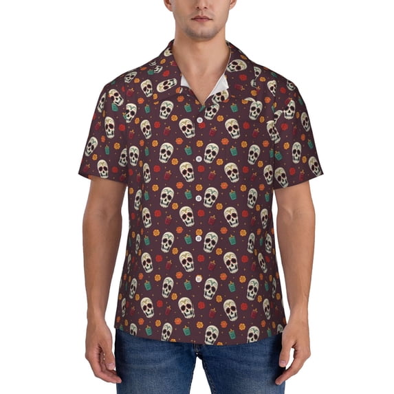 KLL Men's Hawaiian Shirt Short Sleeve Button Down Beach Shirts-Skull colorful flower