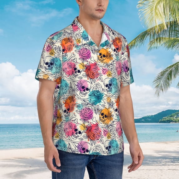 KLL Men's Hawaiian Shirt Short Sleeve Button Down Beach Shirts-Skulls and Roses