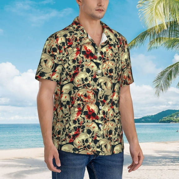 KLL Men's Hawaiian Shirt Short Sleeve Button Down Beach Shirts-Skulls1