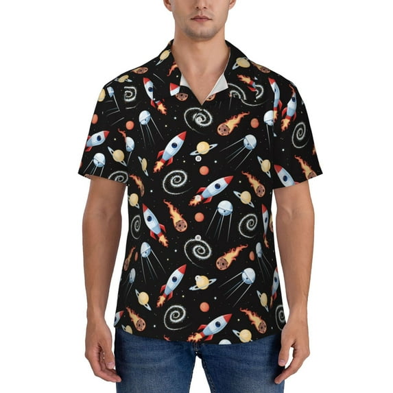 KLL Men's Hawaiian Shirt Short Sleeve Button Down Beach Shirts-Space Rocket