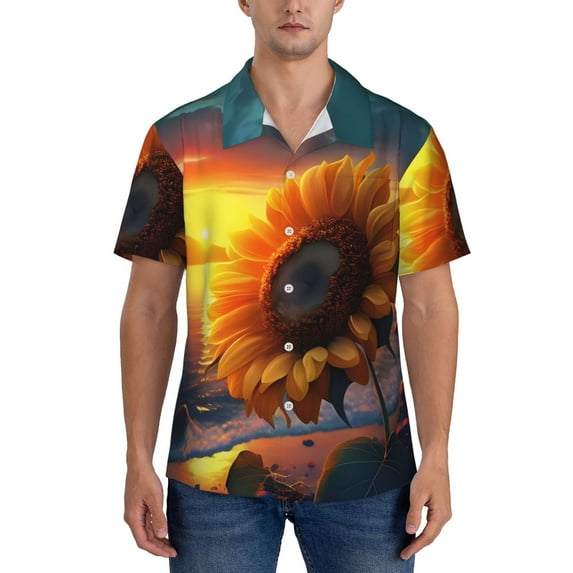 KLL Men's Hawaiian Shirt Short Sleeve Button Down Beach Shirts-Sunset Coast Sunflower