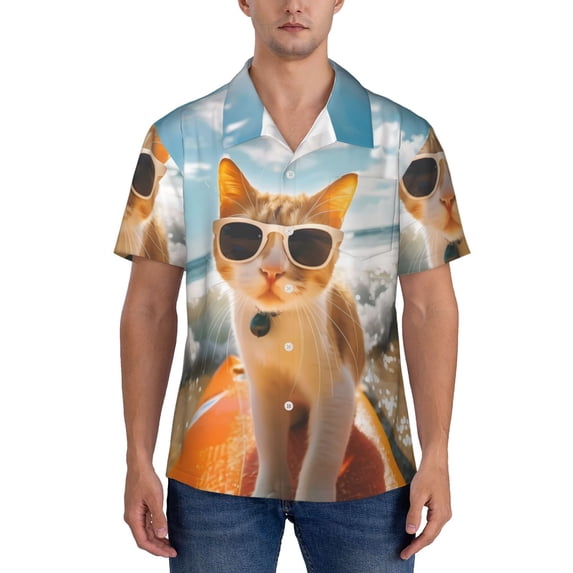 KLL Men's Hawaiian Shirt Short Sleeve Button Down Beach Shirts-Surfing Cat Sun