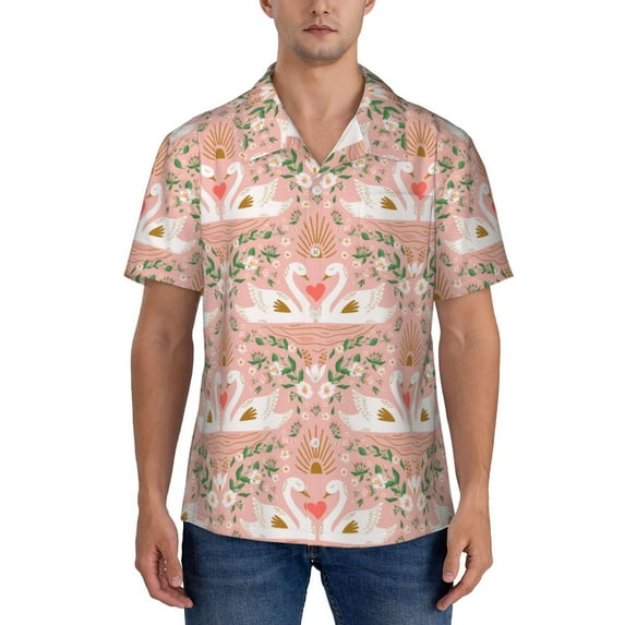 KLL Men's Hawaiian Shirt Short Sleeve Button Down Beach Shirts-Swan Couple
