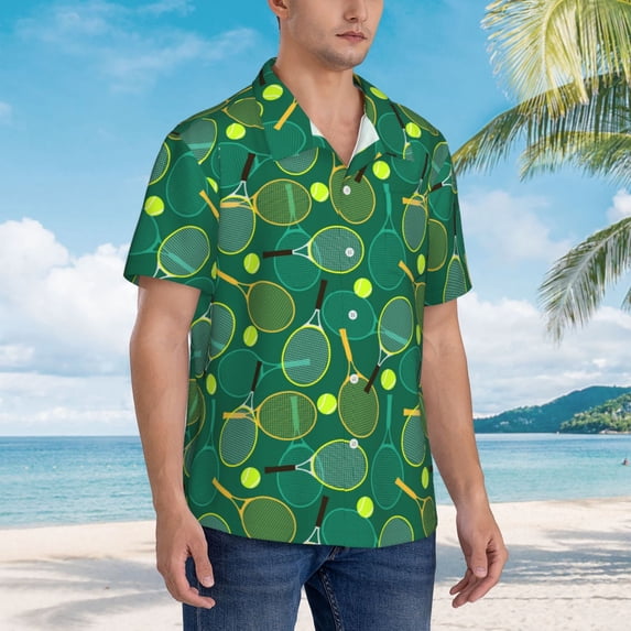 KLL Men's Hawaiian Shirt Short Sleeve Button Down Beach Shirts-Tennis Rackets and Balls