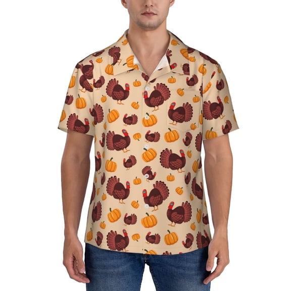 KLL Men's Hawaiian Shirt Short Sleeve Button Down Beach Shirts-Thanksgiving Turkey and Pumpkin