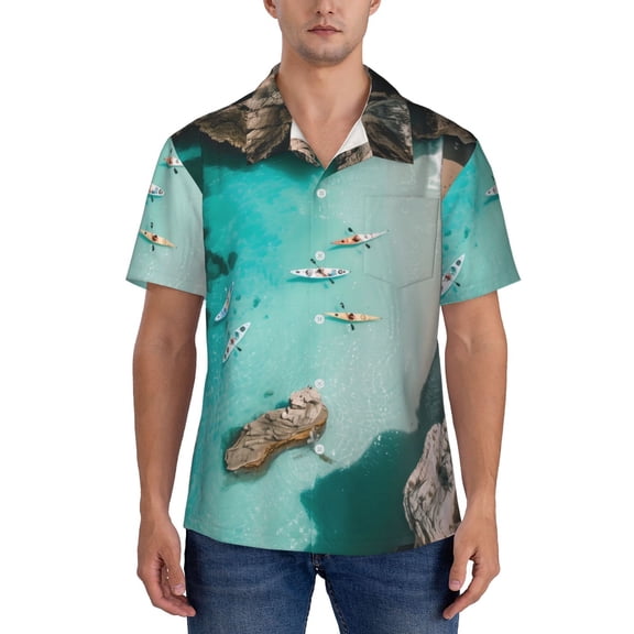 KLL Men's Hawaiian Shirt Short Sleeve Button Down Beach Shirts-Turquoise Beach Kayaking