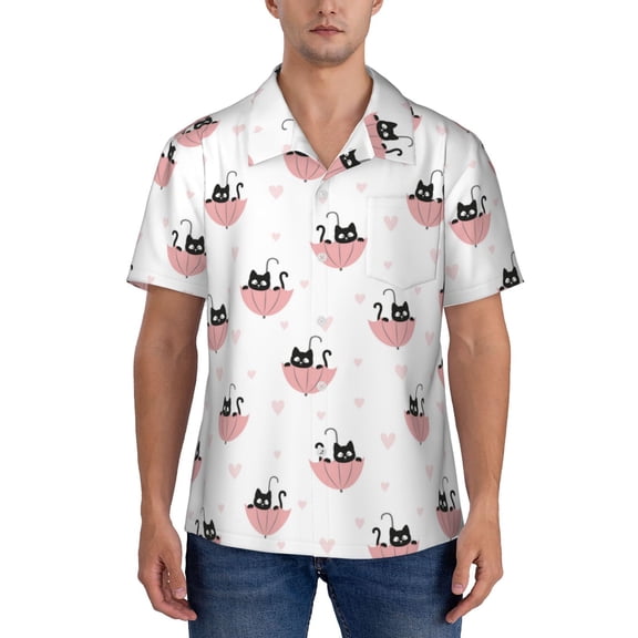 KLL Men's Hawaiian Shirt Short Sleeve Button Down Beach Shirts-Umbrella Cat