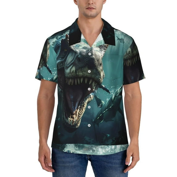 KLL Men's Hawaiian Shirt Short Sleeve Button Down Beach Shirts-Underwater Dinosaur Shark