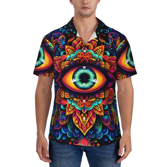 KLL Men's Hawaiian Shirt Short Sleeve Button Down Beach Shirts-Vibrant Psychedelic Eye