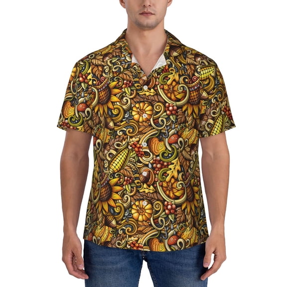 KLL Men's Hawaiian Shirt Short Sleeve Button Down Beach Shirts-Vintage Sunflower and Corn Autumn