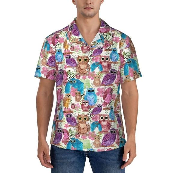 KLL Men's Hawaiian Shirt Short Sleeve Button Down Beach Shirts-Watercolor Owl