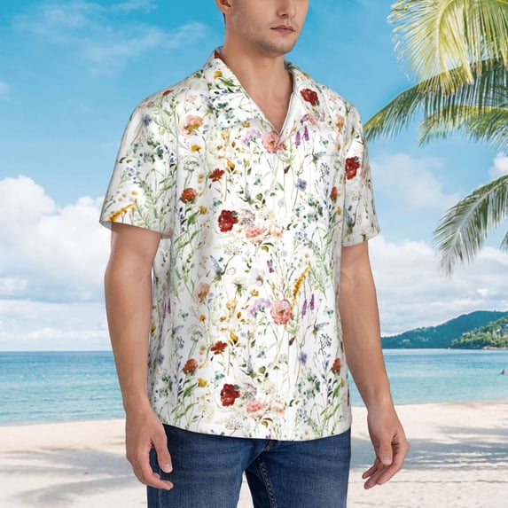 KLL Men's Hawaiian Shirt Short Sleeve Button Down Beach Shirts-Wildflower Watercolor