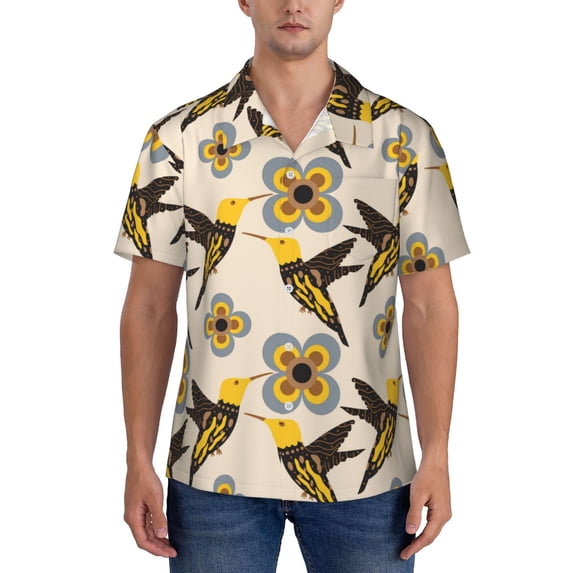 KLL Men's Hawaiian Shirt Short Sleeve Button Down Beach Shirts-Yellow Flowers Hummingbird