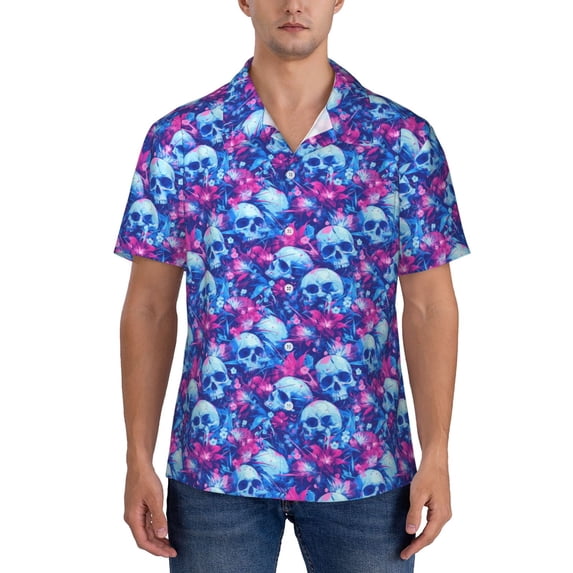 KLL Men's Hawaiian Shirt Short Sleeve Button Down Beach Shirts-blue Skull purple flower