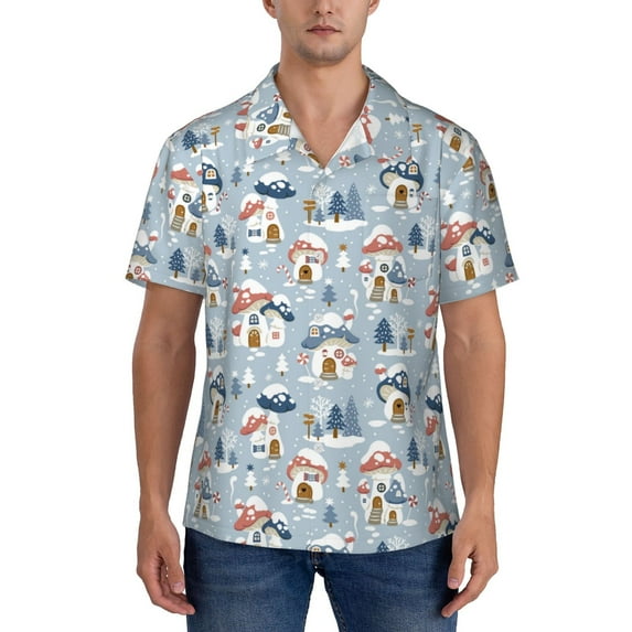 KLL Men's Hawaiian Shirt Short Sleeve Button Down Beach Shirts-cute Mushroom Village