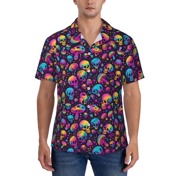 KLL Men's Hawaiian Shirt Short Sleeve Button Down Beach Shirts-rainbow color mushroom Skull