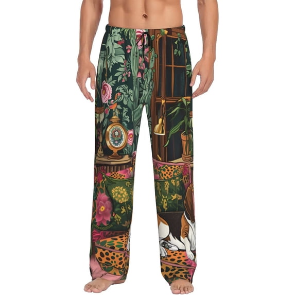 KLL Mens Pajama Pants for Men,Mens Lounge Pants,Funny Gifts for Men,Men's Pajama Bottoms Dog On Floral Couch -Medium